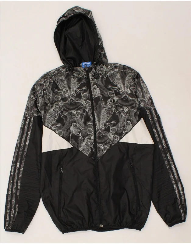 ADIDAS Mens Abstract Pattern Hooded Rain Jacket UK 36 Small Black