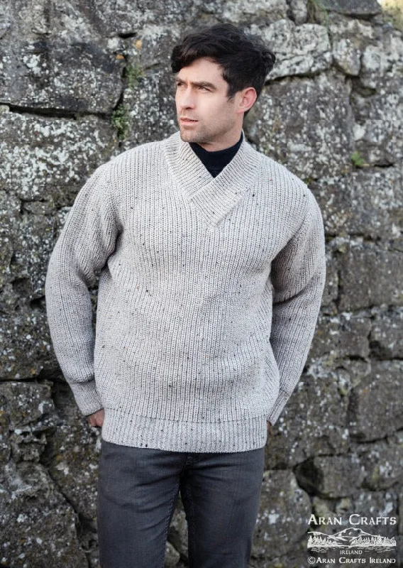 Aran Crafts Men's V-Neck Rib Sweater | Oatmeal