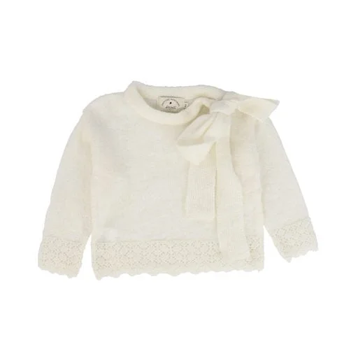 BIRINIT PETIT IVORY BOW TRIMMED SWEATER [Final Sale]