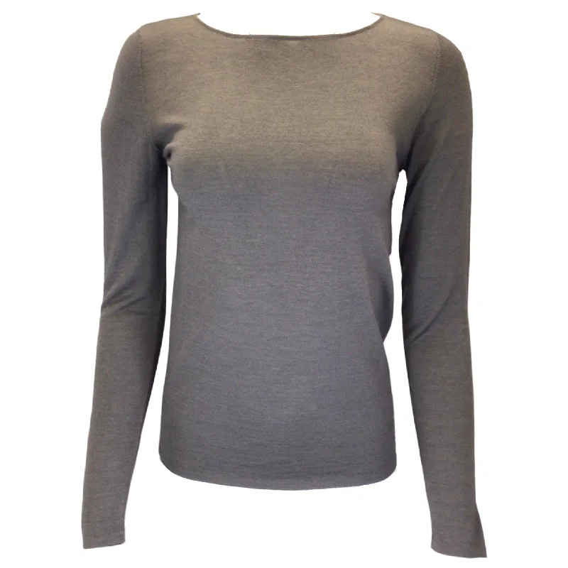 Brunello Cucinelli Taupe Long Sleeved Cashmere and Silk Knit Sweater