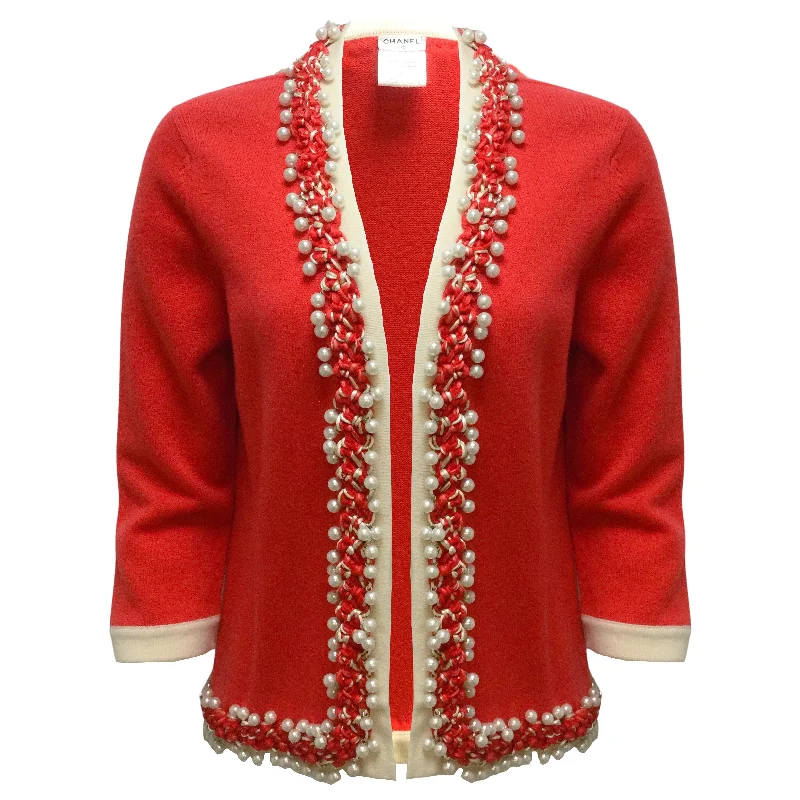 Chanel Pearl Embellished Braided Trim Long Sleeved Cashmere Knit Cardigan Poppy Red / Ivory Sweater