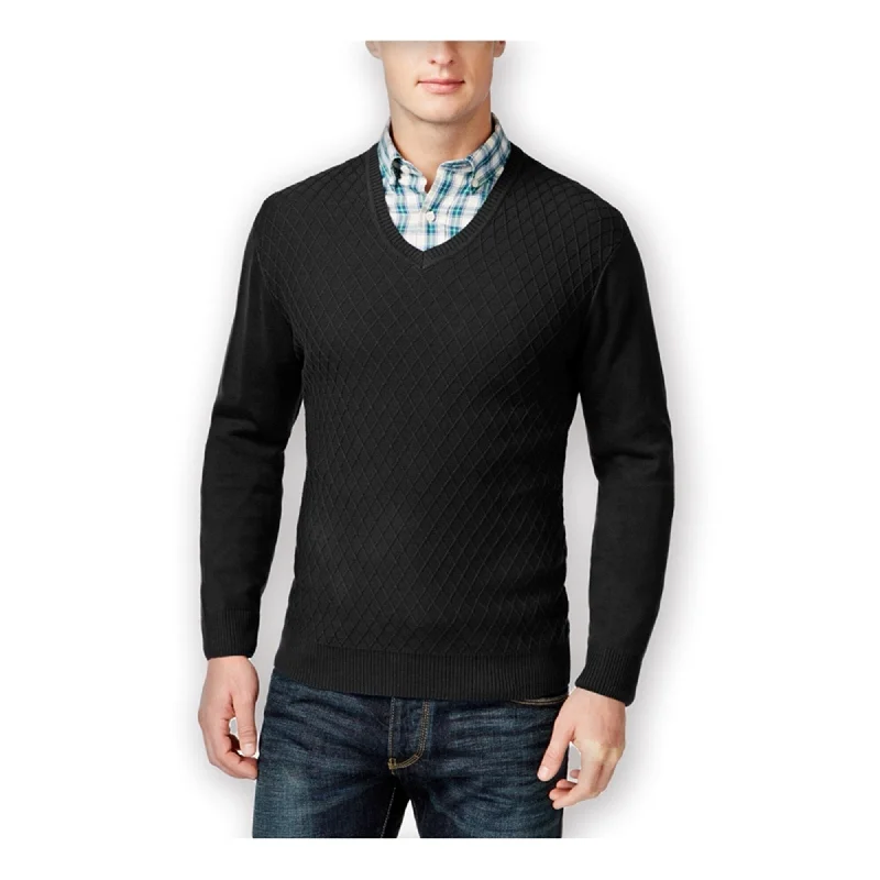 Club Room Mens Diamond-Knit V Neck Pullover Sweater, Black, Small