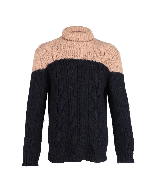 Dries Van Noten Two-Tone Turtleneck Sweater in Navy Blue Acrylic