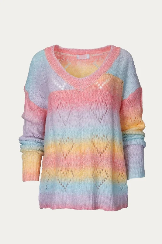 Heart V-Neck Knit Sweater In Rainbow