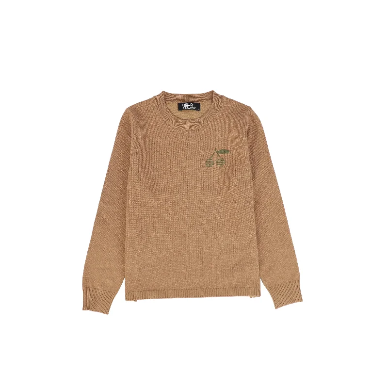 HELLO YELLOW CAMEL STRIPED CHERRY PRINT SWEATER [FINAL SALE]