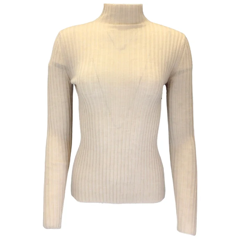 Hermes Tan Long Sleeved Mock Neck Ribbed Knit Cashmere Sweater