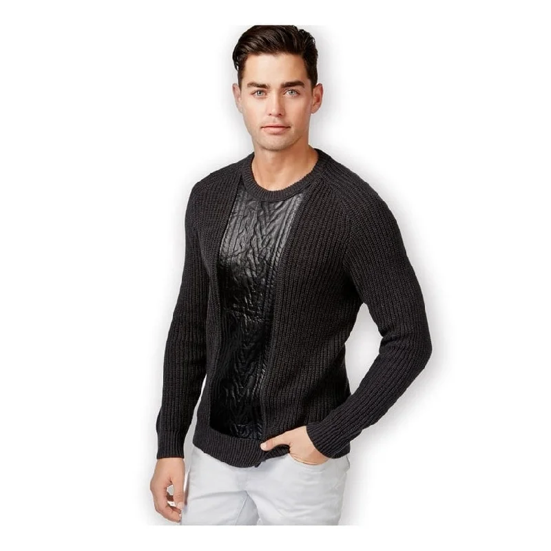 I-N-C Mens Faux Leather Cable Knit Pullover Sweater