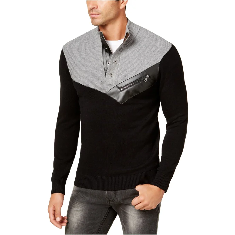 I-N-C Mens Four-Snap Faux-Leather Trim Pullover Sweater, Grey, X-Small