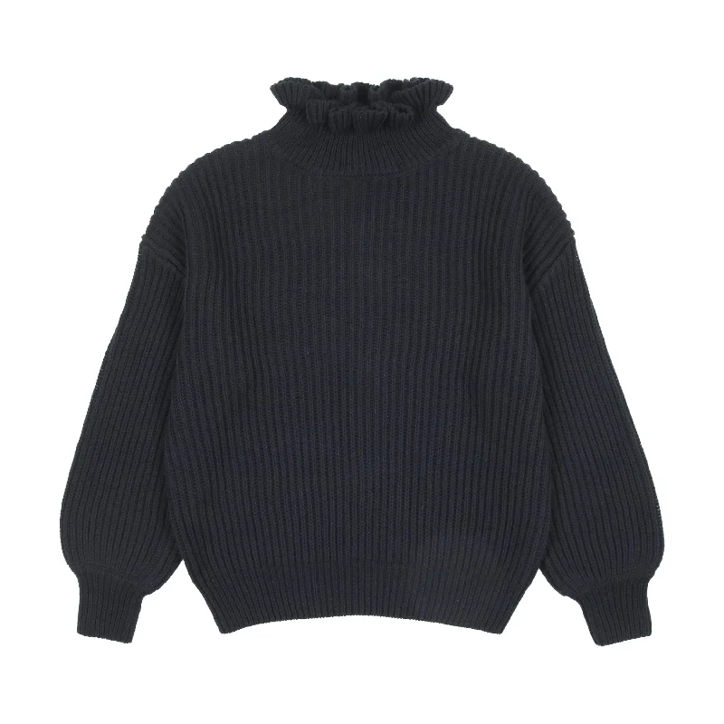 KIN & KIN NAVY PUFF SLEEVE RUFFLE COLLAR SWEATER [FINAL SALE]