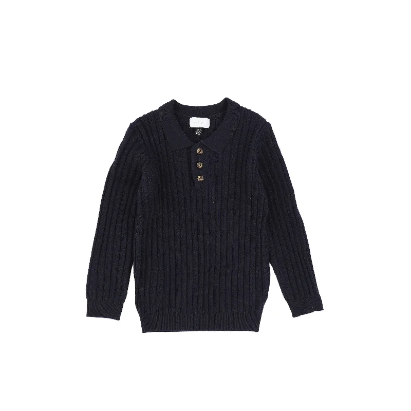 KLAI NAVY RIBBED KNIT POLO SWEATER [FINAL SALE]