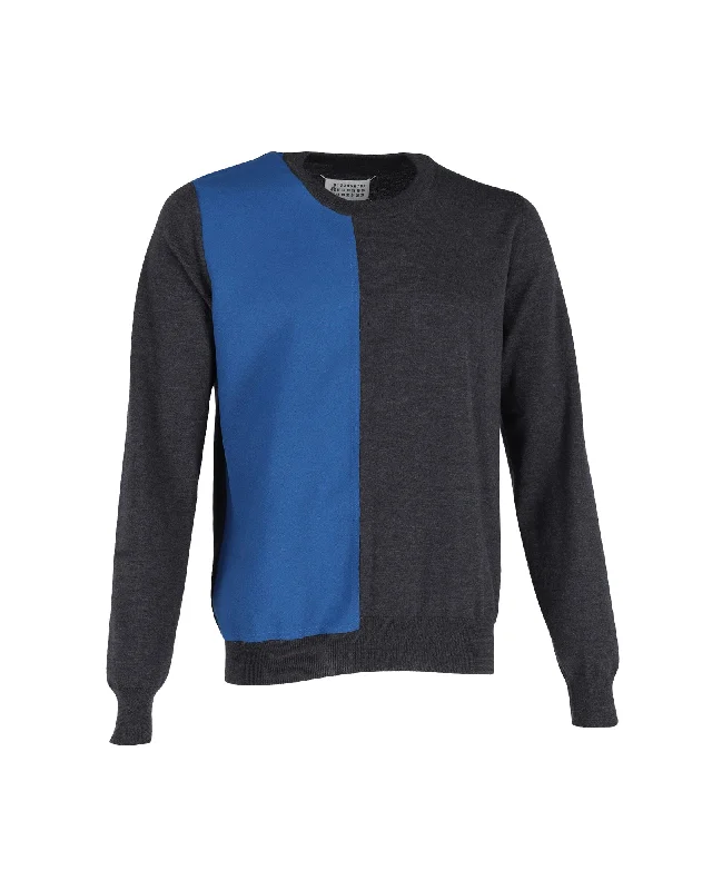 Maison Margiela Colorblock Crewneck Sweater in Gray and Blue Cotton