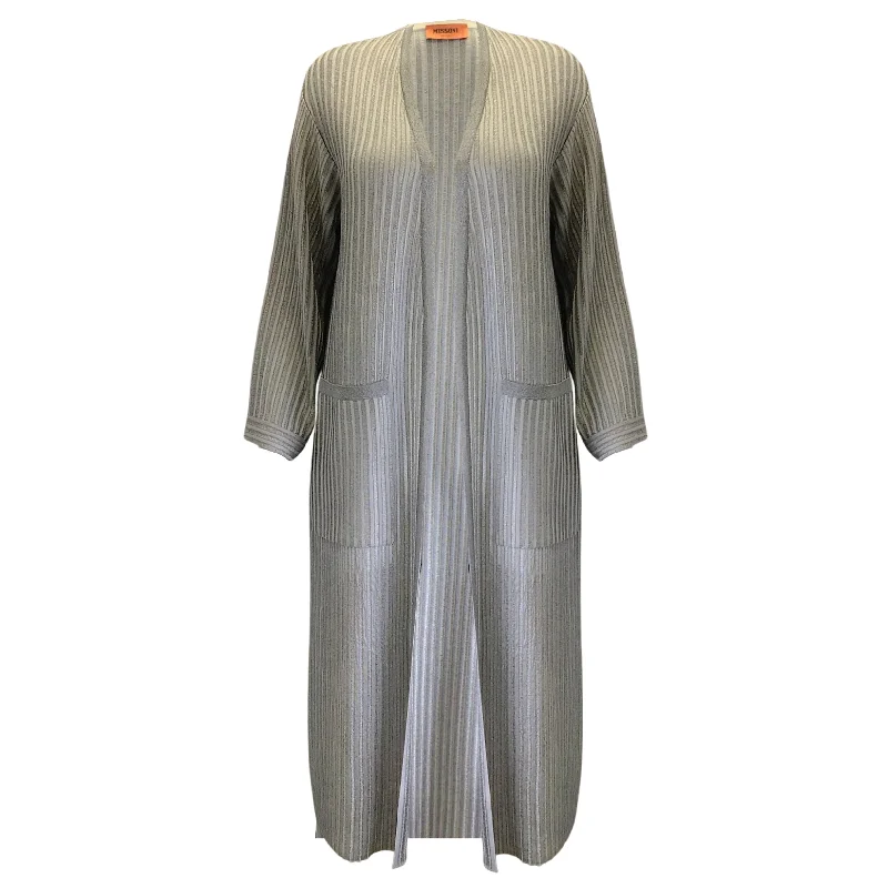 Missoni Silver Metallic Long Sleeved Open Front Knit Long Cardigan Sweater