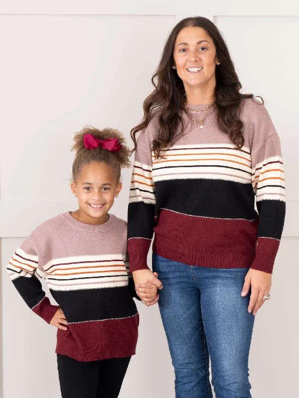 Mom & Me Maroon Fall Stripes Mock Neck Sweater