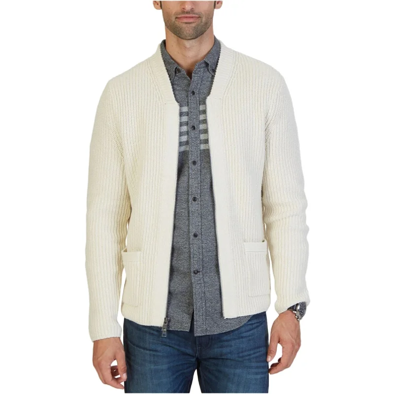 Nautica Mens Shawl Collar Zipped Cardigan Sweater, Off-White, Small