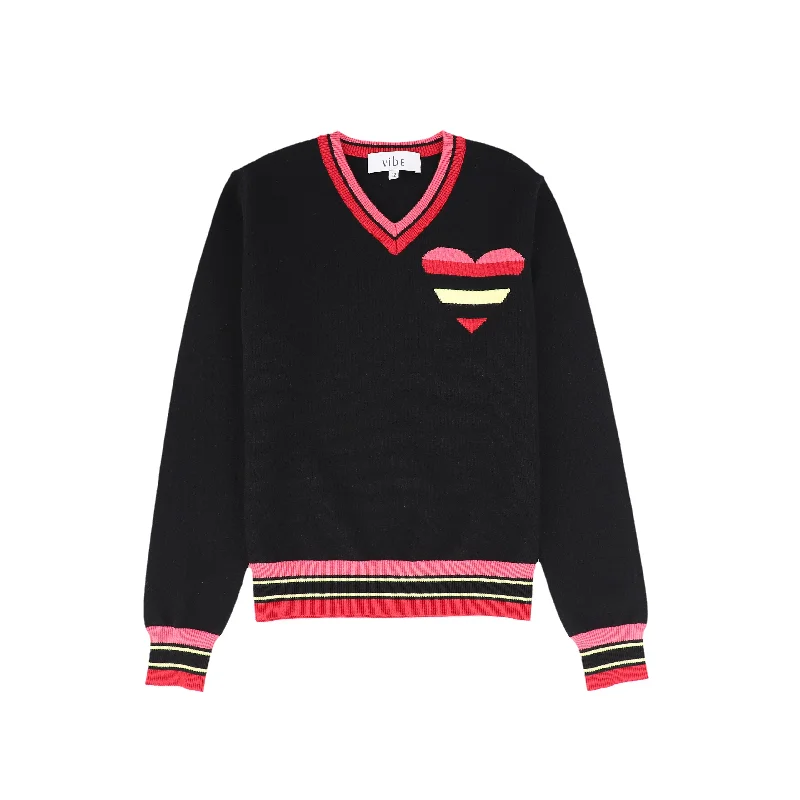 VIBE BLACK KNIT STRIPED HEART SWEATER [FINAL SALE]