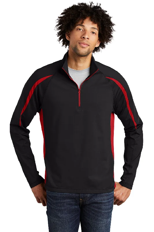 Sport-Tek Mens Sport-Wick Moisture Wicking 1/4 Zip Sweatshirt - Black/True Red